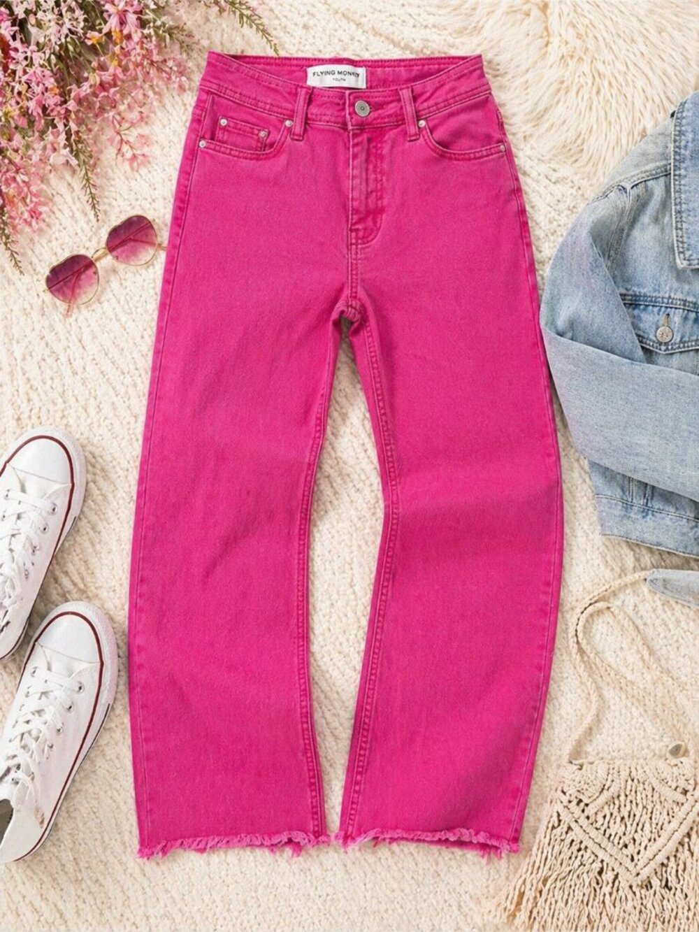 Flying Monkey Pink Jeans Youth Size 12 Stretch Raw Hem Trendy Denim
